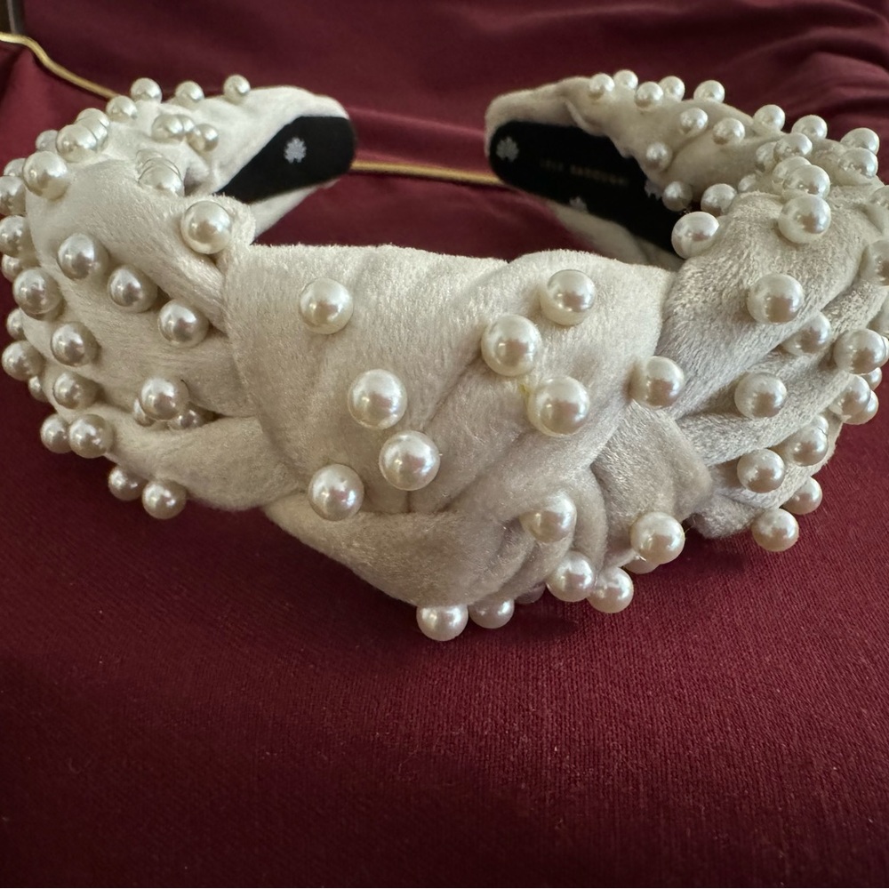 LeLe Sadoughi Velvet Pearl Knotted Headband Ivory